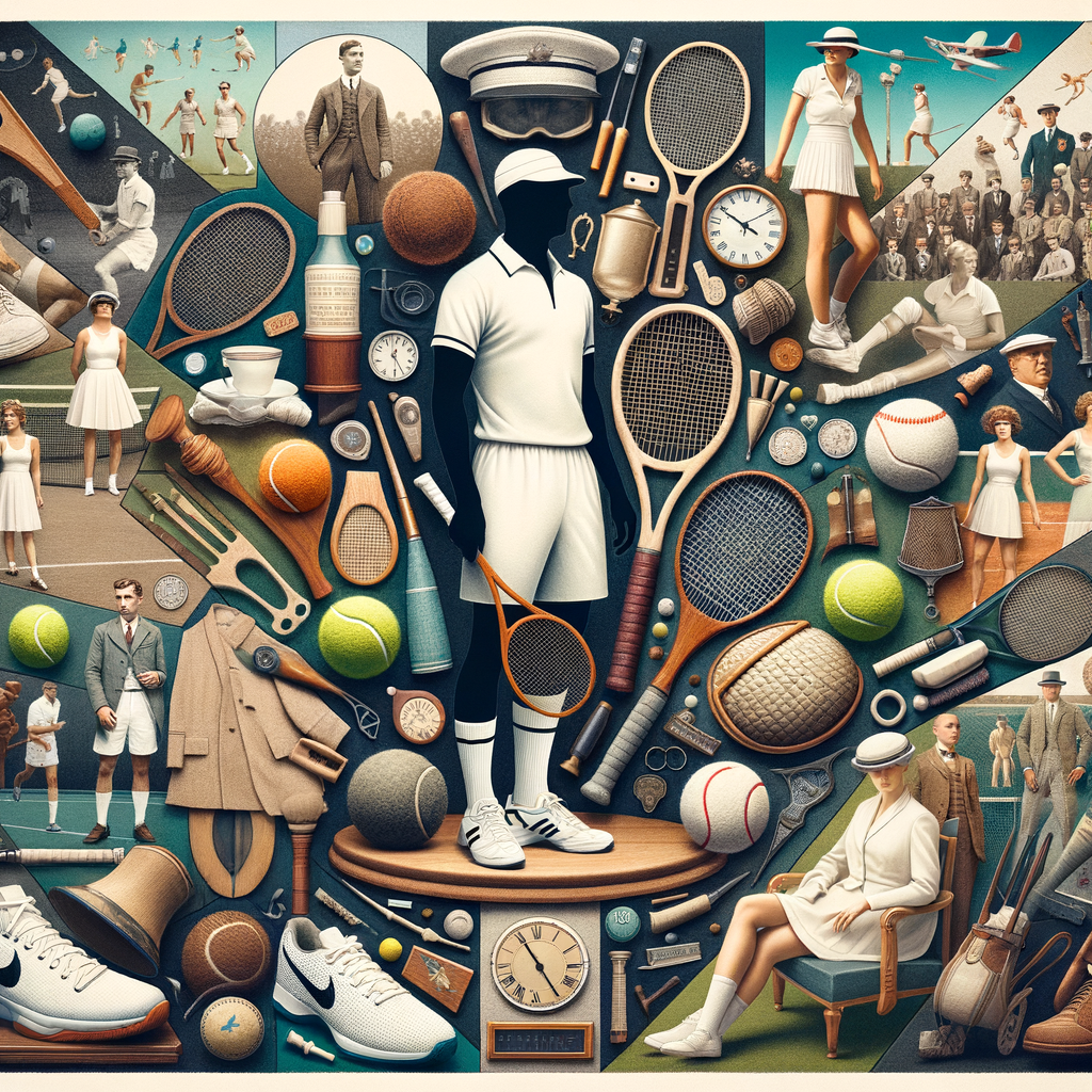 Collage illustrating 100 years of tennis history, showcasing the evolution of tennis rackets, attire, significant milestones, and notable events symbolizing tennis sport evolution and progress over the years.