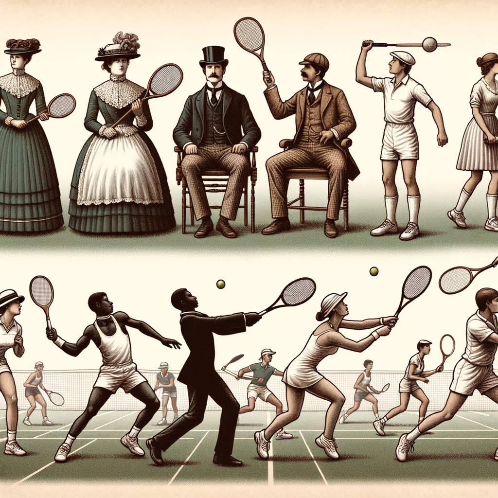 Vintage illustration highlighting the evolution of tennis history, focusing on the role and transformation of the serve-and-volley technique and various tennis playing styles over time.