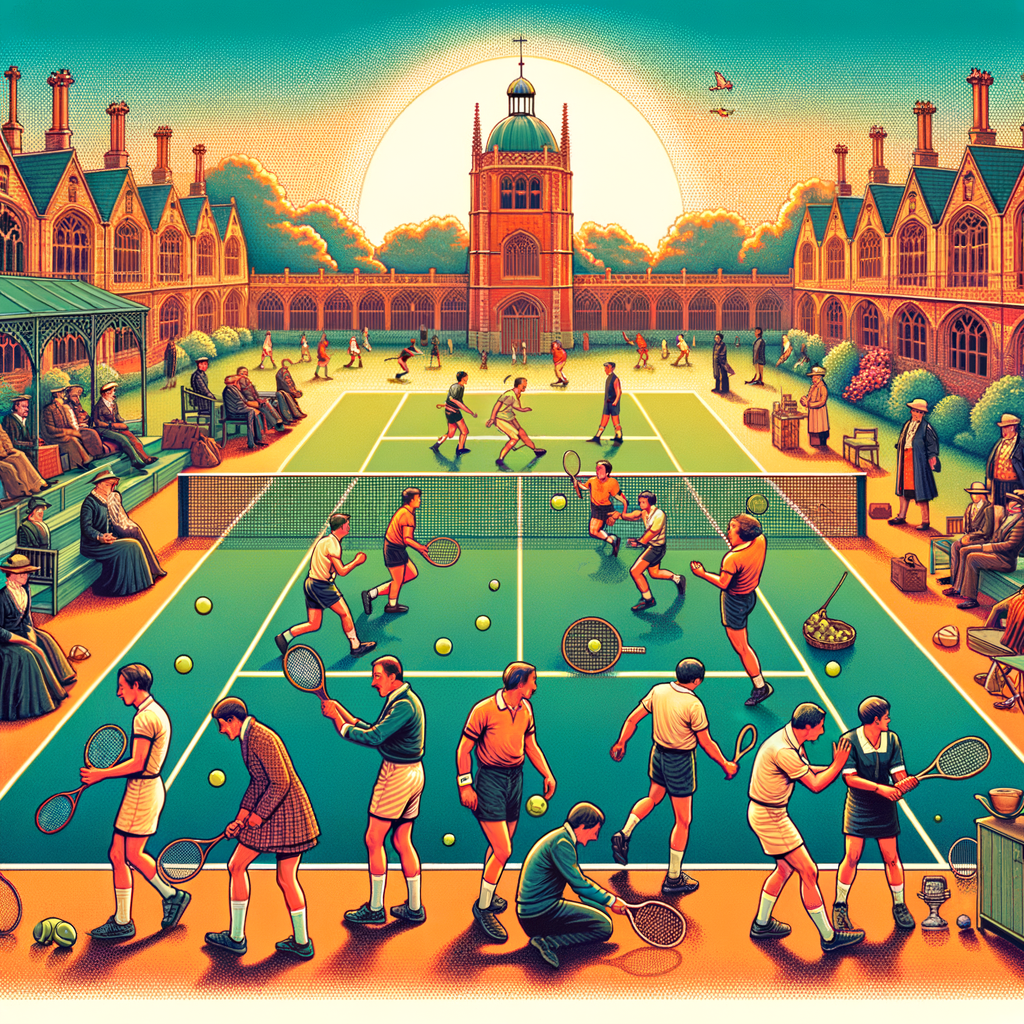 Vivid illustration tracing the history and evolution of tennis from its origins in Jeu de Paume to modern tennis courts, showcasing key milestones in tennis history and court evolution.