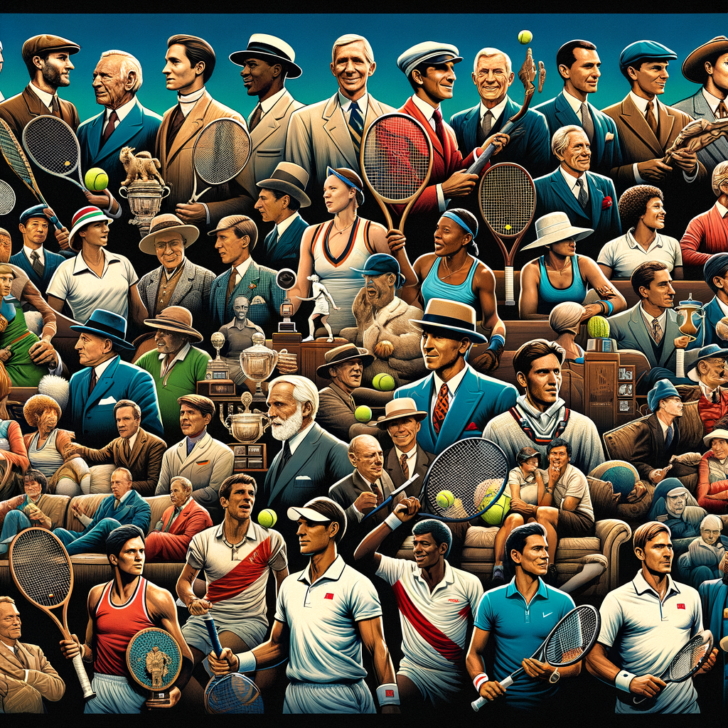 Collage of Men's Tennis Legends including Rod Laver and Roger Federer, showcasing the history of tennis, grand slam winners, and Tennis Hall of Fame inductees for an article on the greatest tennis players.