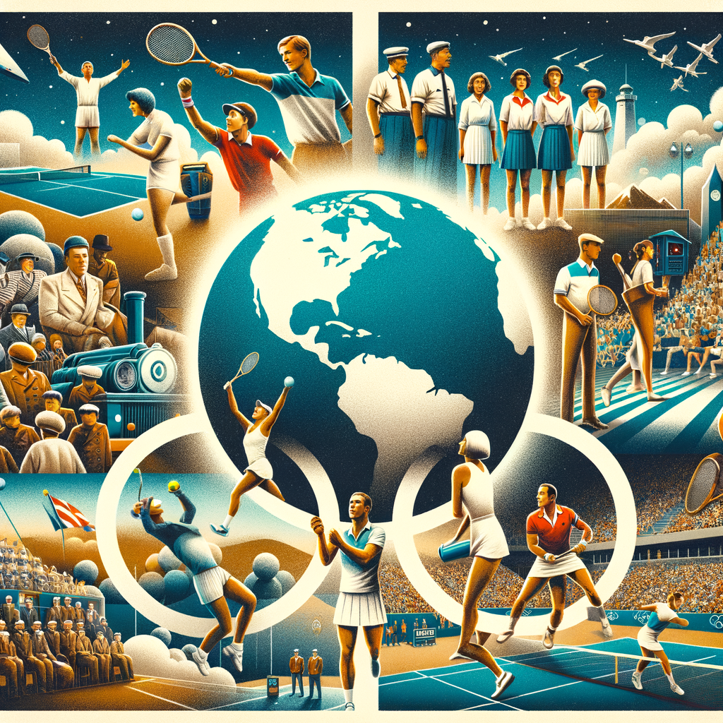 Collage illustrating the Olympic tennis history, showcasing the evolution of tennis from exclusion to global phenomenon, featuring iconic tennis players and scenes from early Olympic games.