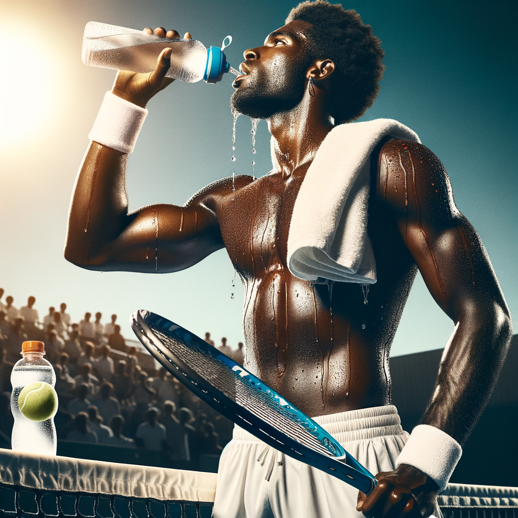 Tennis player hydrating during a sunny match, using water, electrolyte drinks, and a cooling towel, demonstrating tennis hydration tips and heat stress management for optimal performance.