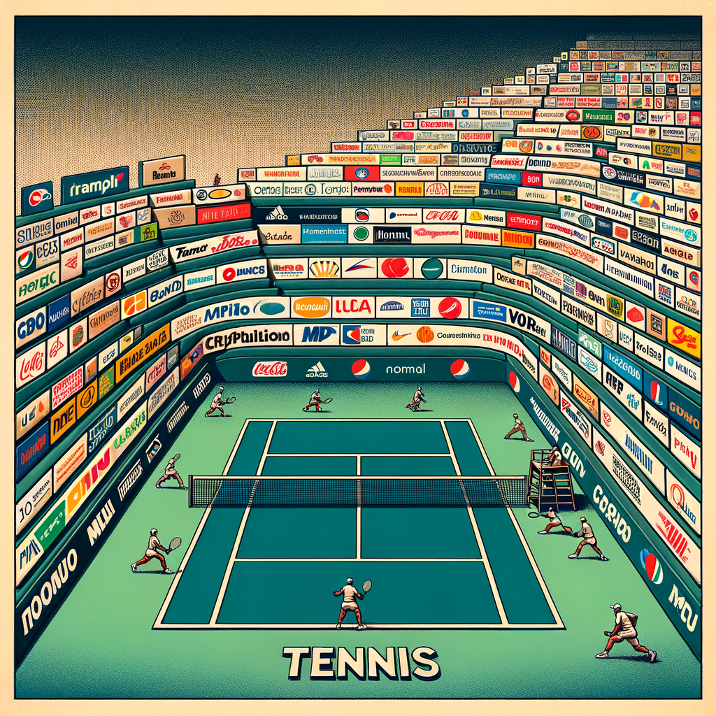 Evolution of tennis sponsorship showing transformation from local brands to global giants in tennis on a tennis court, symbolizing the globalization of tennis sponsorship trends.