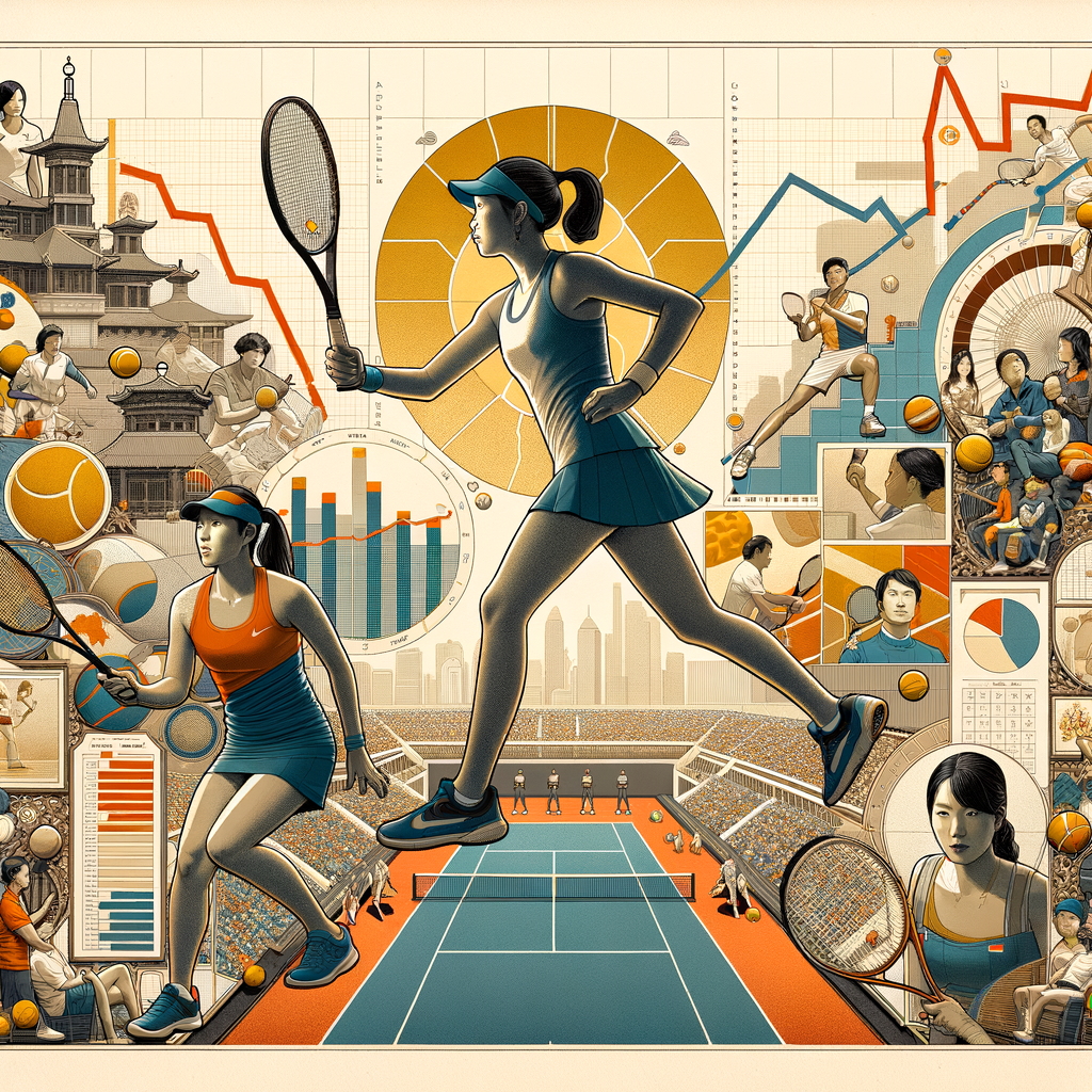 Collage illustrating the rise and evolution of Asian Tennis, highlighting successful Asian Tennis players, the sport's growth in the East, and the increasing popularity and development of Tennis in iconic Asian courts.
