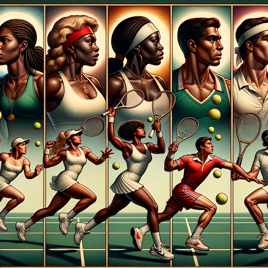 Montage of greatest tennis players in history, highlighting the evolution and impact of tennis dynasties like the Williams sisters and the Djokovic-Nadal-Federer era on the legacy of tennis.