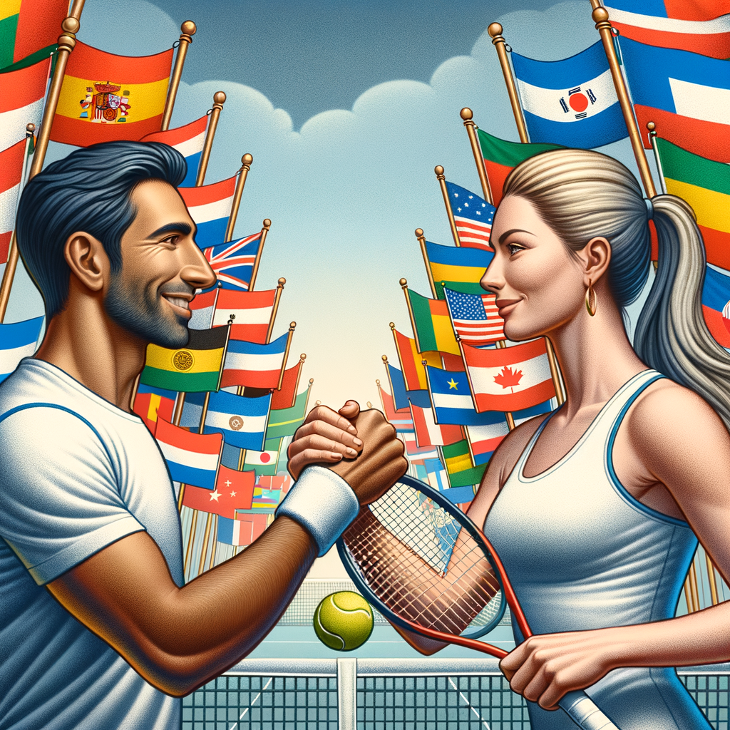Diverse tennis players engaging in a match under various national flags, illustrating Tennis Diplomacy, Sport Diplomacy, and Cultural Exchange through Tennis, promoting International Relations and Tennis as a Cultural Bridge.