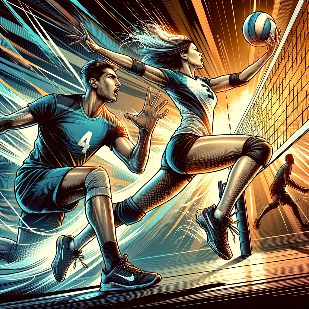 Aggressive volleyball players mastering advanced volley techniques and strategies for dominating the net, showcasing volleyball skills improvement and net domination tactics.