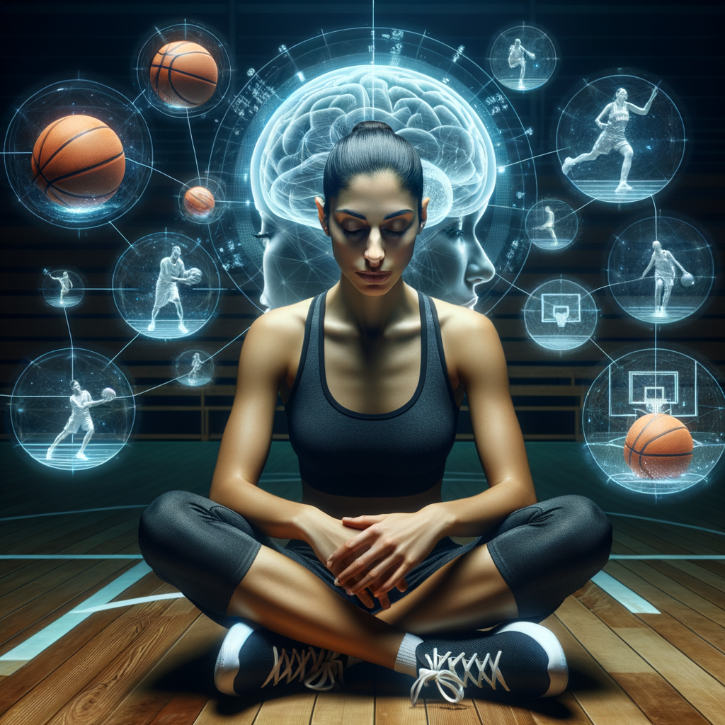 Athlete practicing mental visualization techniques on a basketball court for sports success, embodying sports psychology and mental training for athletes, preparing for success on the court through athletic performance visualization.