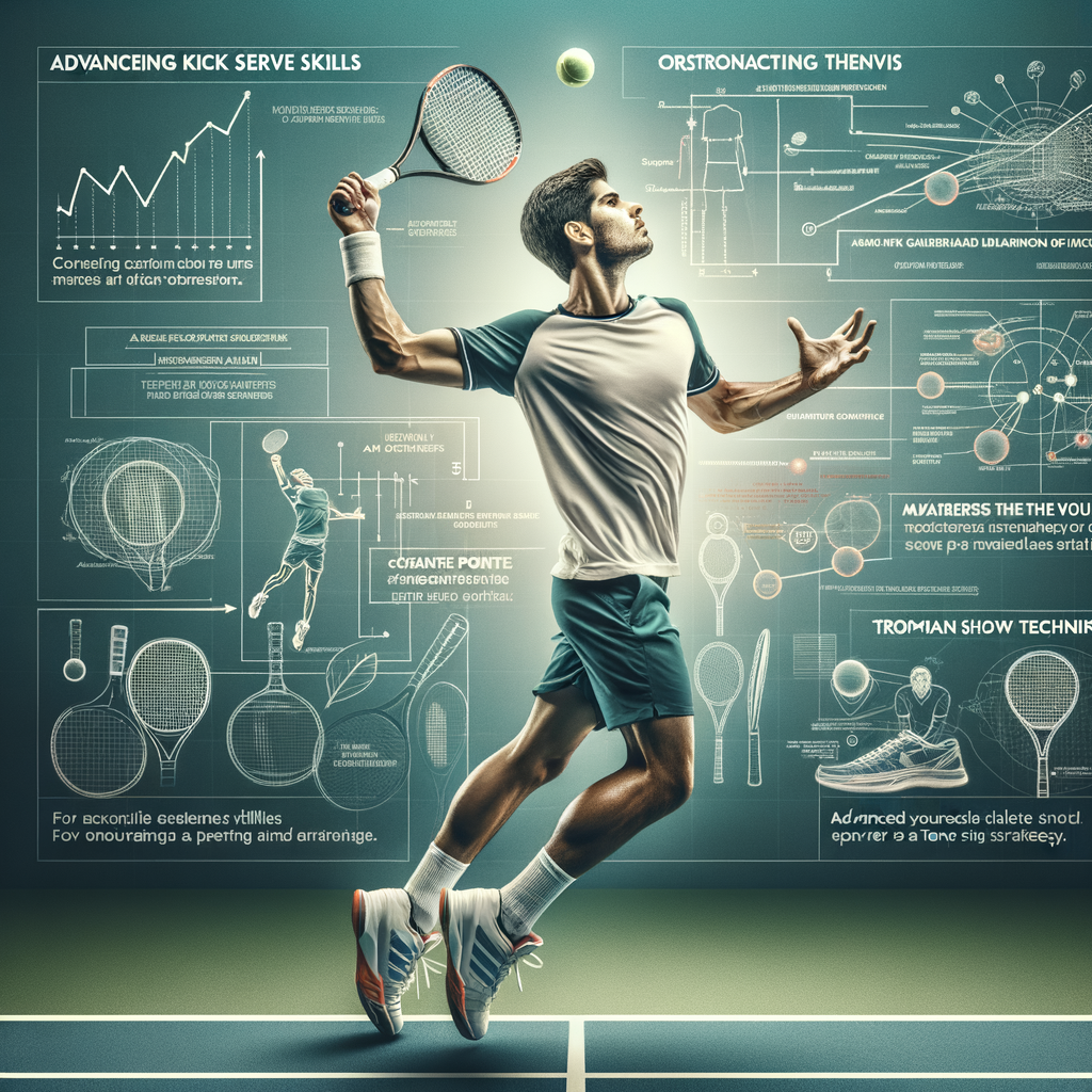 Professional tennis player demonstrating advanced kick serve technique in a match, with diagrams and text highlighting tennis serve techniques, improving kick serve, and winning volley strategies for mastering tennis serve and approach shots.