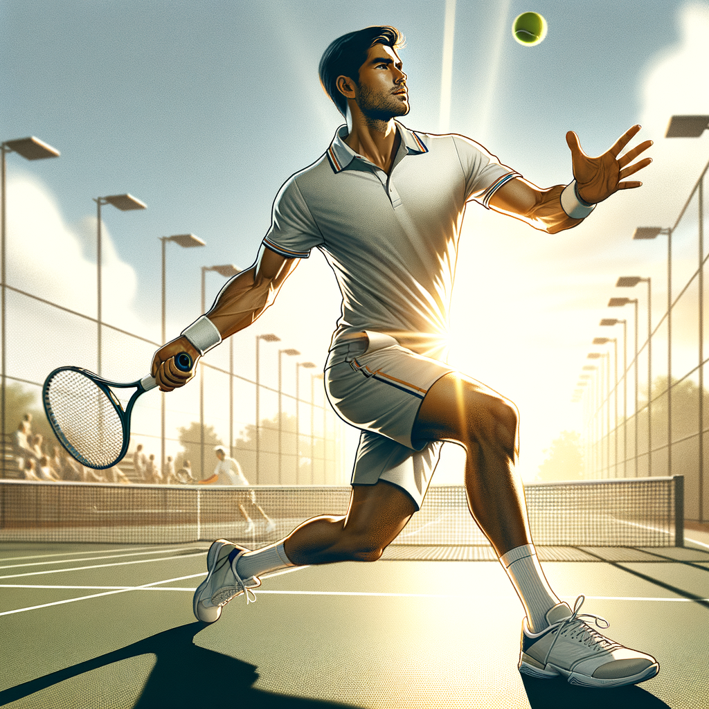 Professional tennis player demonstrating advanced tennis volley techniques, embodying the power of tennis volley and unlocking tennis skills for success on a sunlit court.