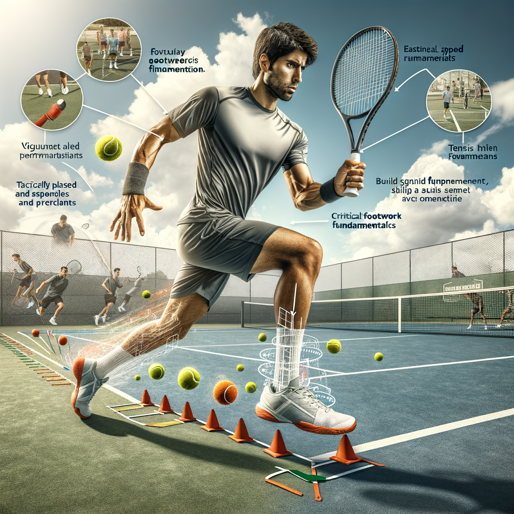 Professional tennis player demonstrating tennis footwork fundamentals and exercises on court, using training techniques for building a strong foundation in tennis and enhancing performance for tennis success.