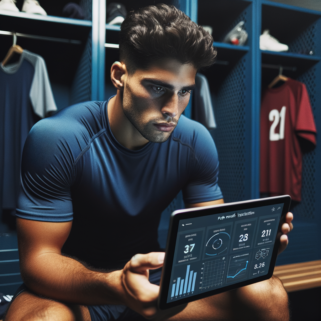 Athlete in locker room conducting post-match reflection and game analysis on tablet, emphasizing the importance of reflective learning in sports for improving performance