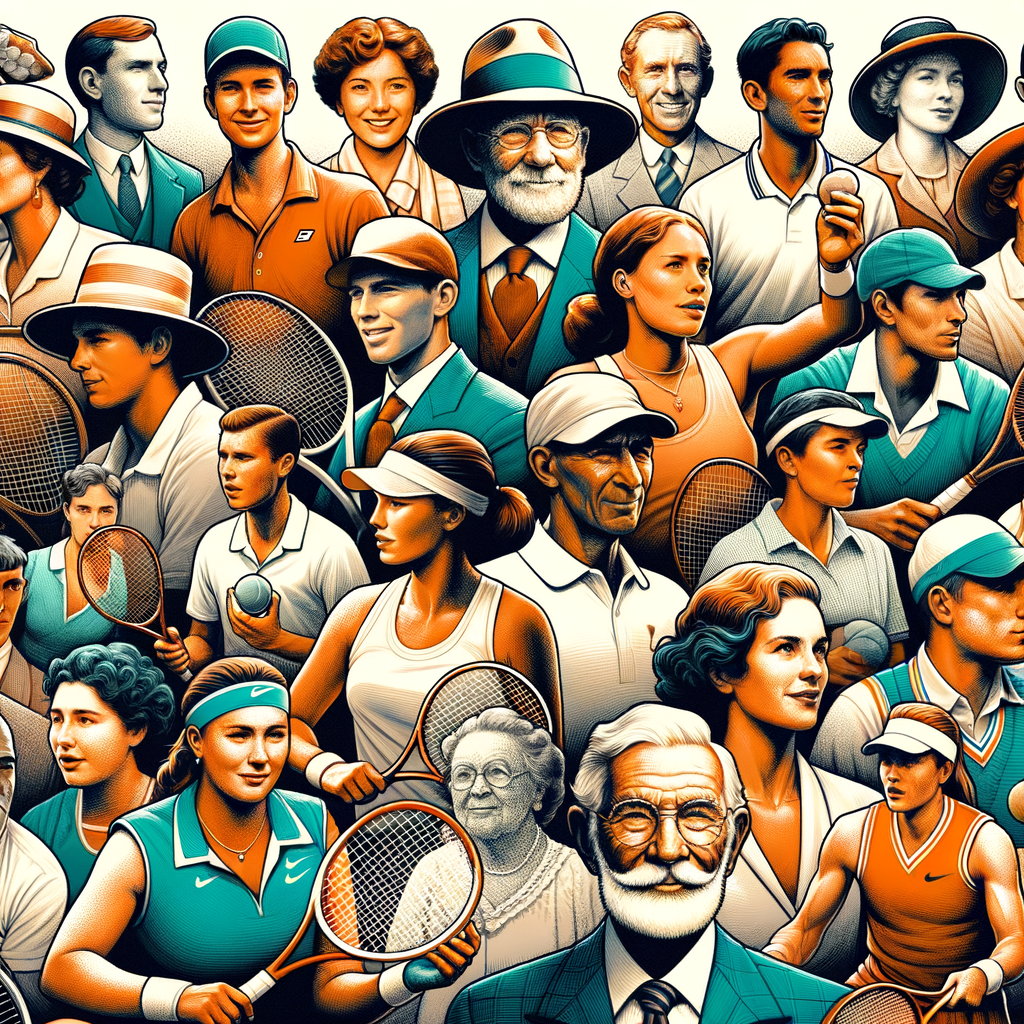 Montage of historical tennis icons, celebrating famous tennis players and tennis legends from yesteryears, showcasing the tennis history of past tennis champions and tennis court legends.