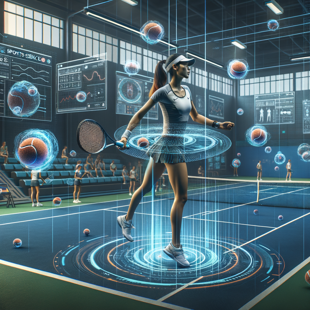 Professional tennis player training on a high-tech court, leveraging sports science and data analysis for tennis performance enhancement and training improvement.