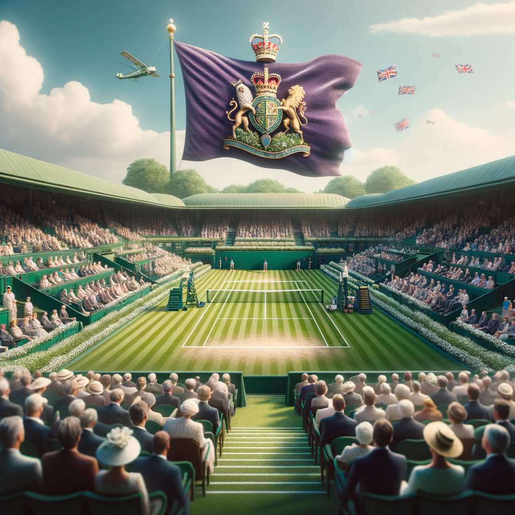 Distinguished guests in the Royal Box at Wimbledon, showcasing the venue's elegance, prestige, and royal connection with its lush green courts, iconic logo, and the Union Jack flying proudly above.