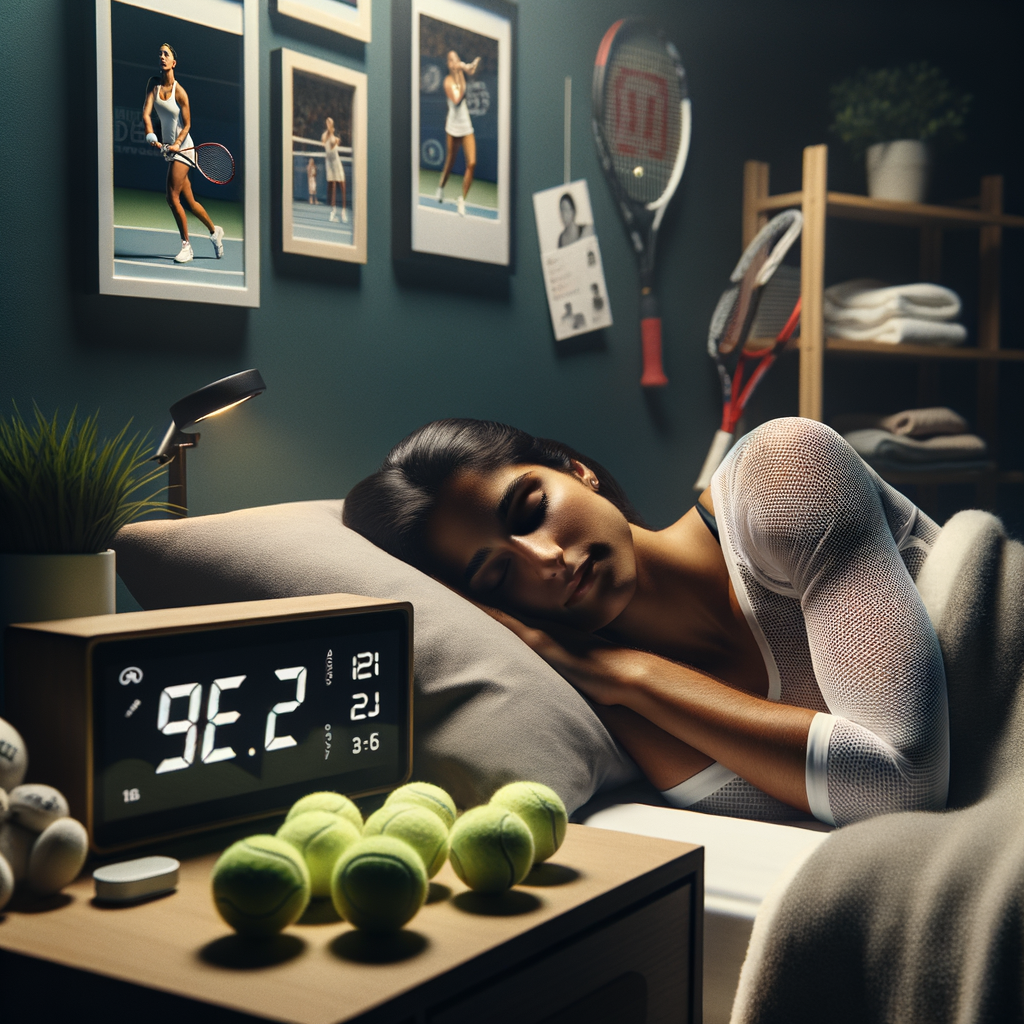 Tennis player sleeping early in a room filled with tennis memorabilia, illustrating the importance of sleep in sports for maximizing recovery time and enhancing tennis performance.