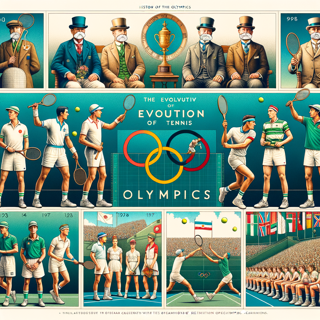 Professional collage illustrating the evolution of tennis in Olympics history, featuring Olympic tennis milestones and a retrospective of past champions, symbolizing tennis' Olympic journey and progression.