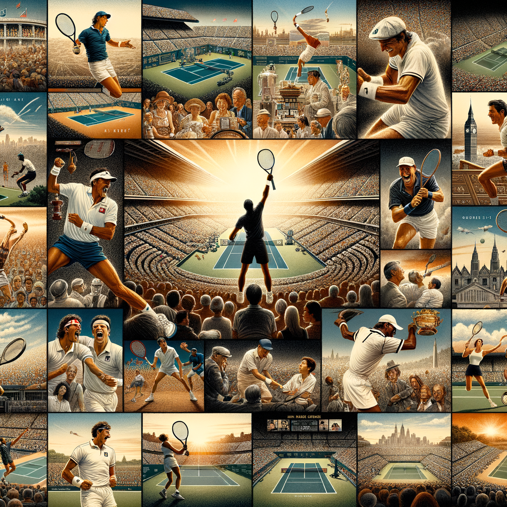 Collage of Grand Slam Tennis history featuring memorable tennis moments, iconic tennis moments, famous tennis players, historic tennis matches, Grand Slam records, major tennis tournaments, and Tennis Grand Slam winners for the Grand Slam Chronicles article.
