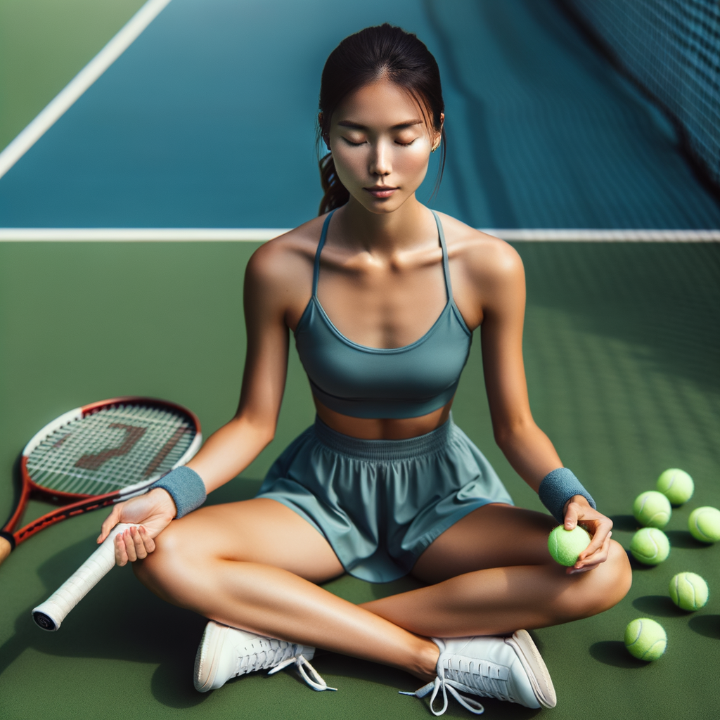 Tennis player demonstrating mental training techniques on court, showcasing effective tennis stress management and techniques for overcoming tennis performance anxiety during a match.
