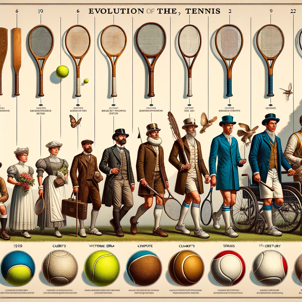 Illustrated timeline of tennis history showcasing the sport's evolution, changes in equipment, attire, and notable figures from different ages