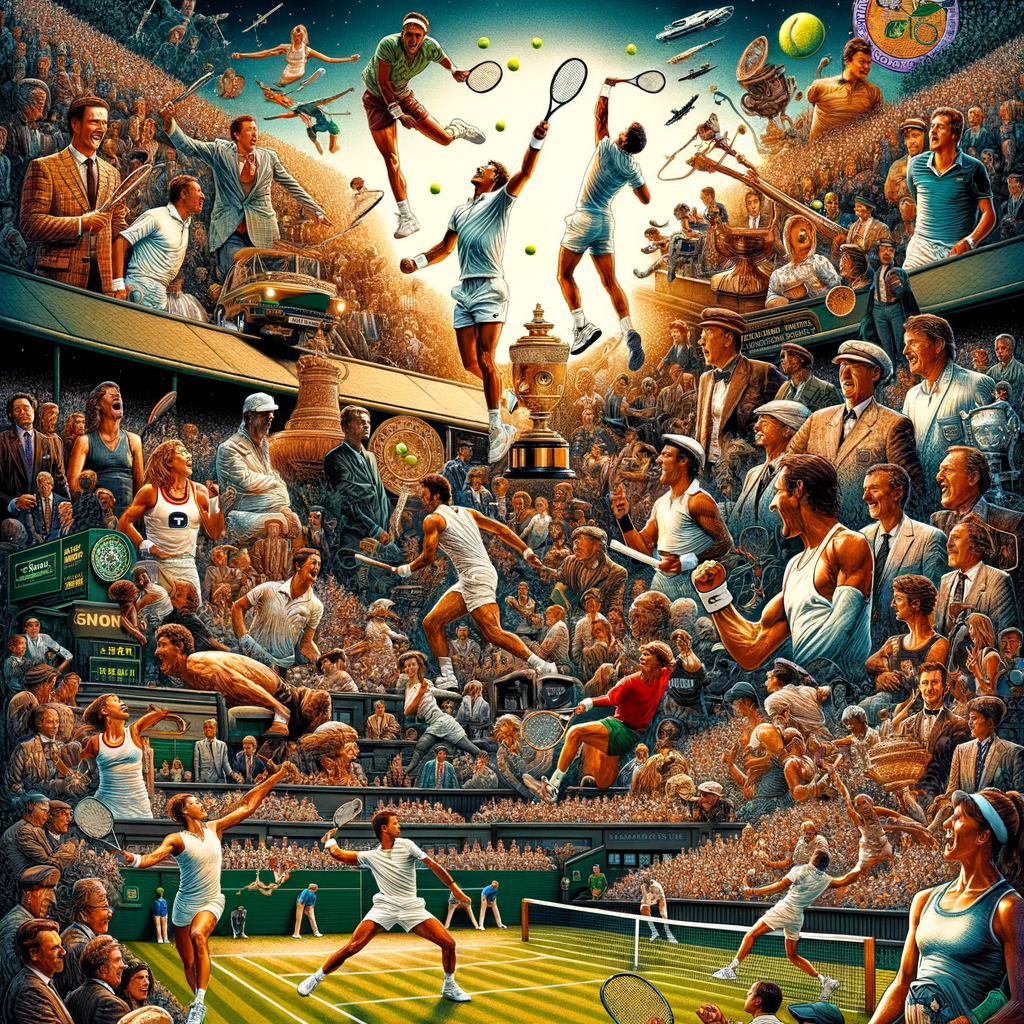 Collage of Wimbledon tennis highlights featuring Borg's victories, McEnroe's performances, Federer's records, and Nadal's thrilling matches, encapsulating the greatest Wimbledon matches in history.