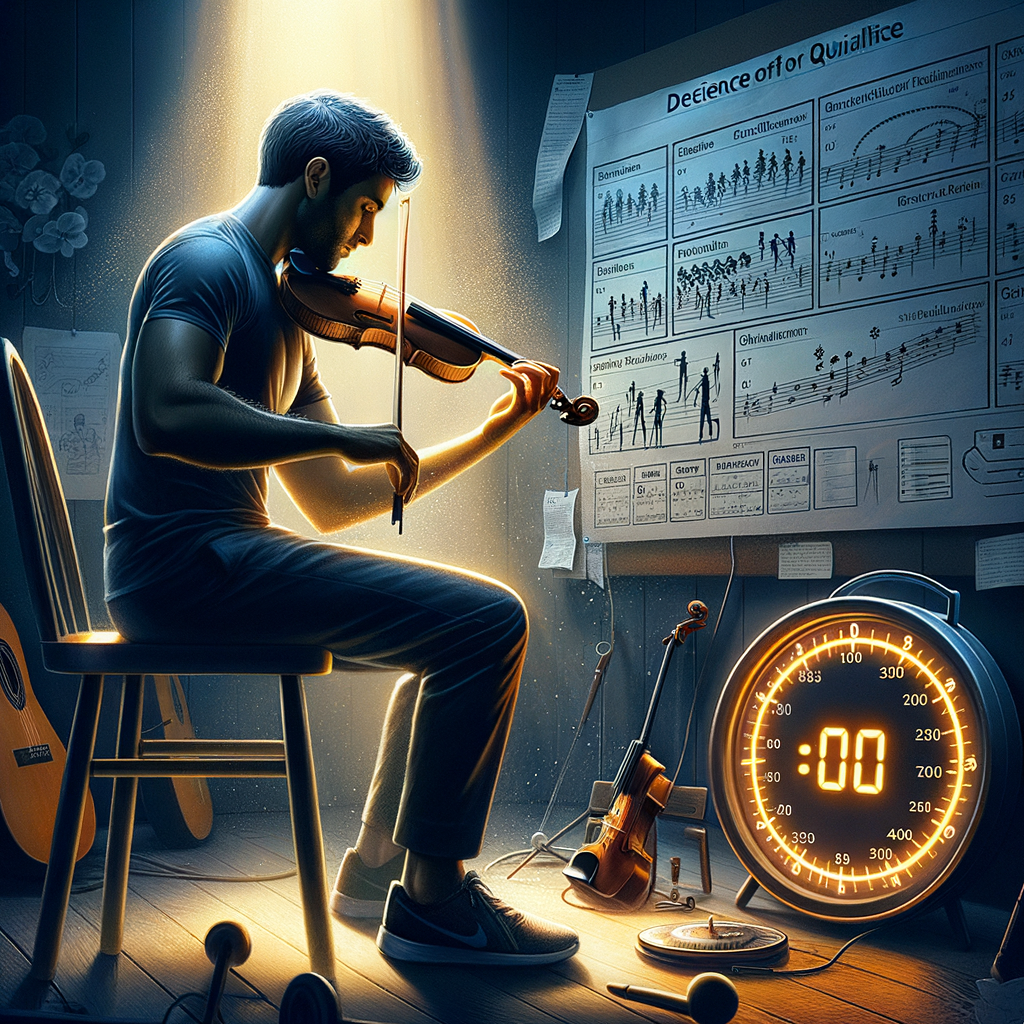 Professional musician optimizing practice session quality by focusing on violin with timer and effective practice strategy chart, emphasizing quality over quantity for maximizing practice efficiency.