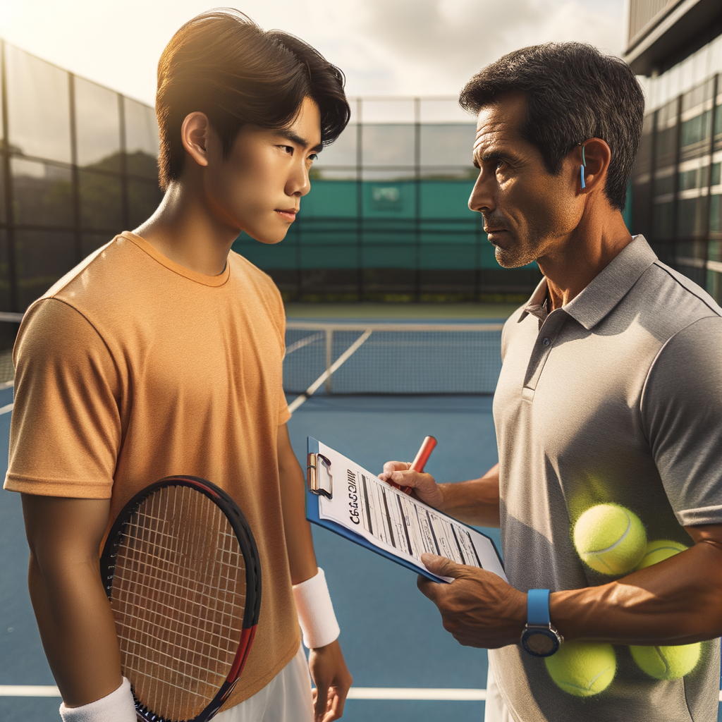 Tennis player in discussion with potential coach on court, symbolizing the tennis coach search and importance of player-coach compatibility for improving tennis skills