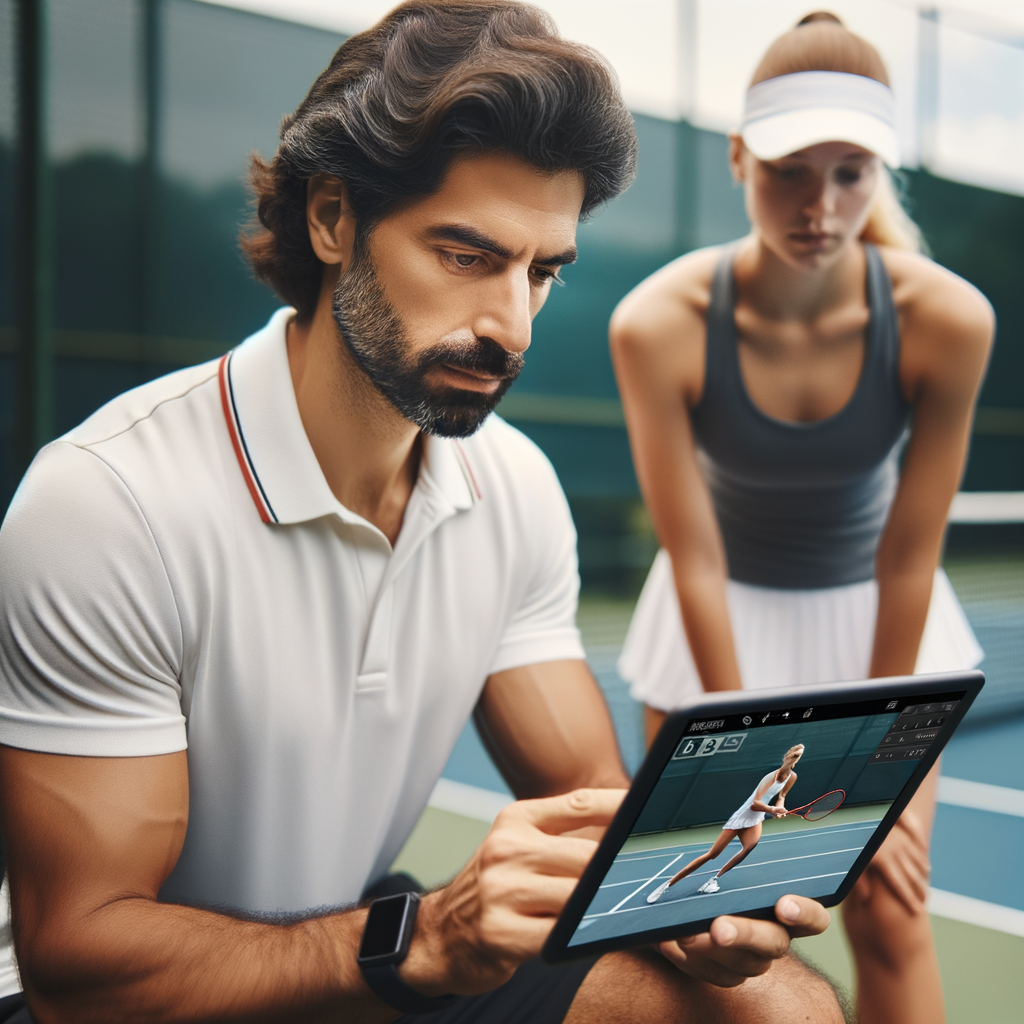 Tennis coach using video analysis technology on tablet to improve tennis training techniques, highlighting the benefits of video analysis in sports for tennis performance enhancement and skill analysis.